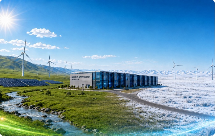 Green AI data center landscape with renewable energy resources in Mongolia